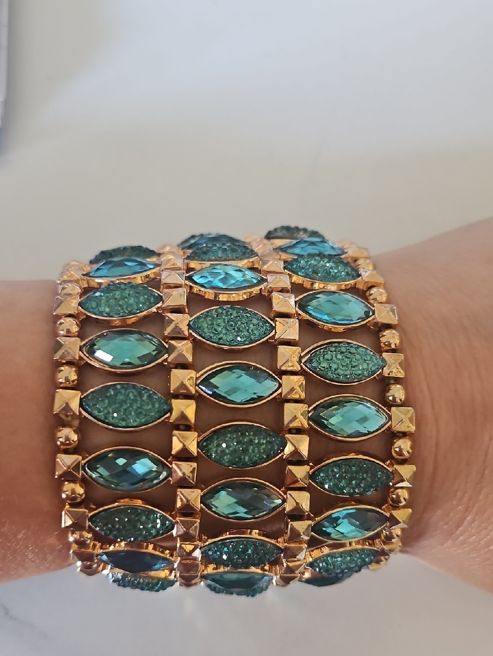Gold-Tone Bracelet with Teal Crystals - Women's Stretch Multi-Row Bracelet